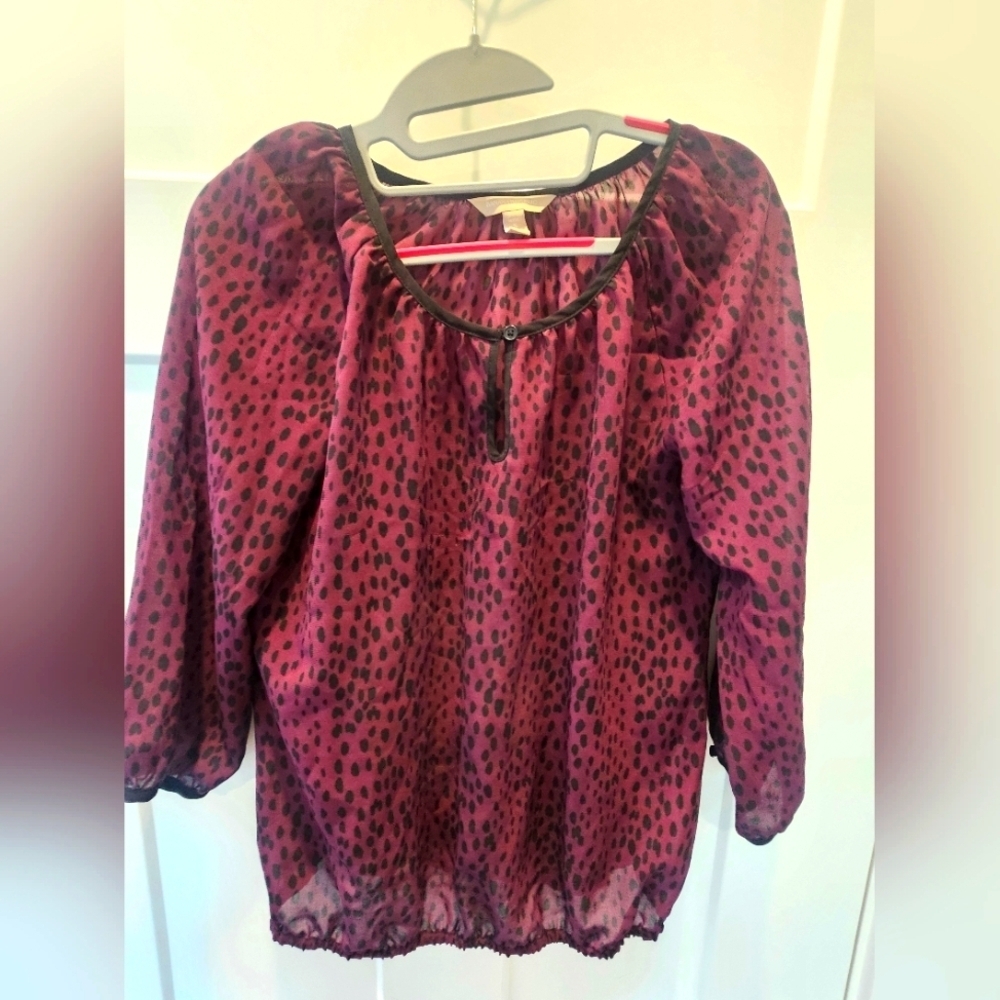 “Banana Republic Purple Black Animal Print Sheer Blouse Small Petite”